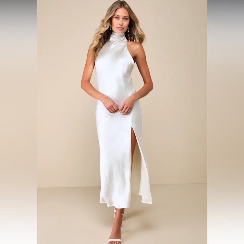 Lulus Exceptional Status Ivory Halter Backless Slip Midi Dress White Size Medium - Picture 1 of 7